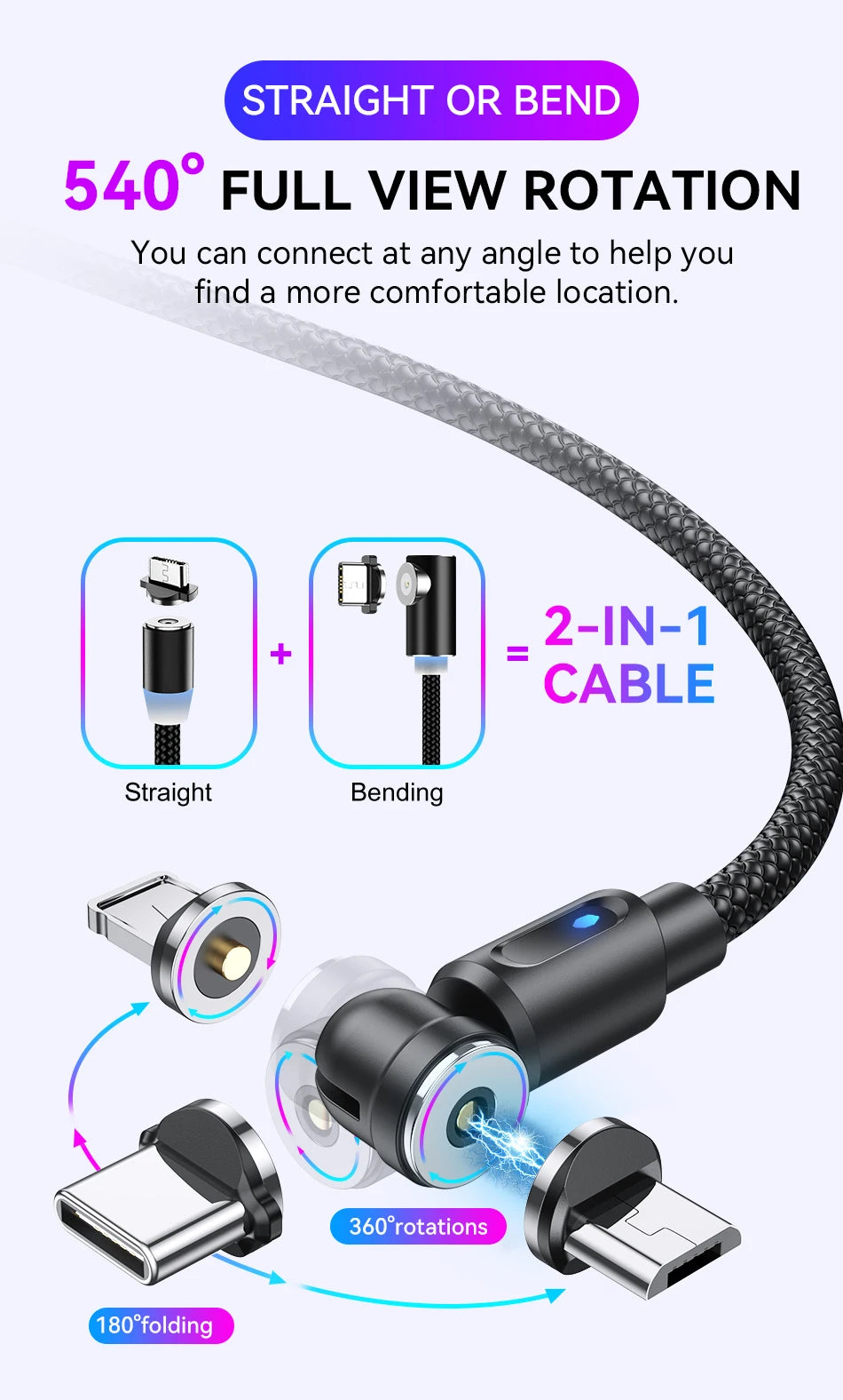 Lovebay Magnetic Cable USB Type C Cable 2.4A 540 Rotate Micro Charger 0.5M 1M 2M Charging Cable For iPhone 13 12 Xiaomi Huawei
