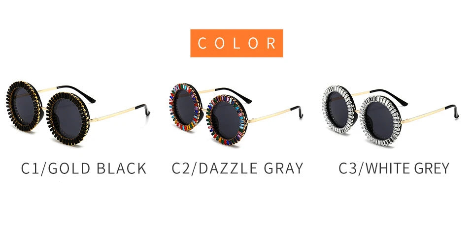 Luxury Brand Designer Round Diamond Sunglasses Women Fashion Vintage Party Travel Steampunk Sun Glasses Sexy Ladies Shades UV400