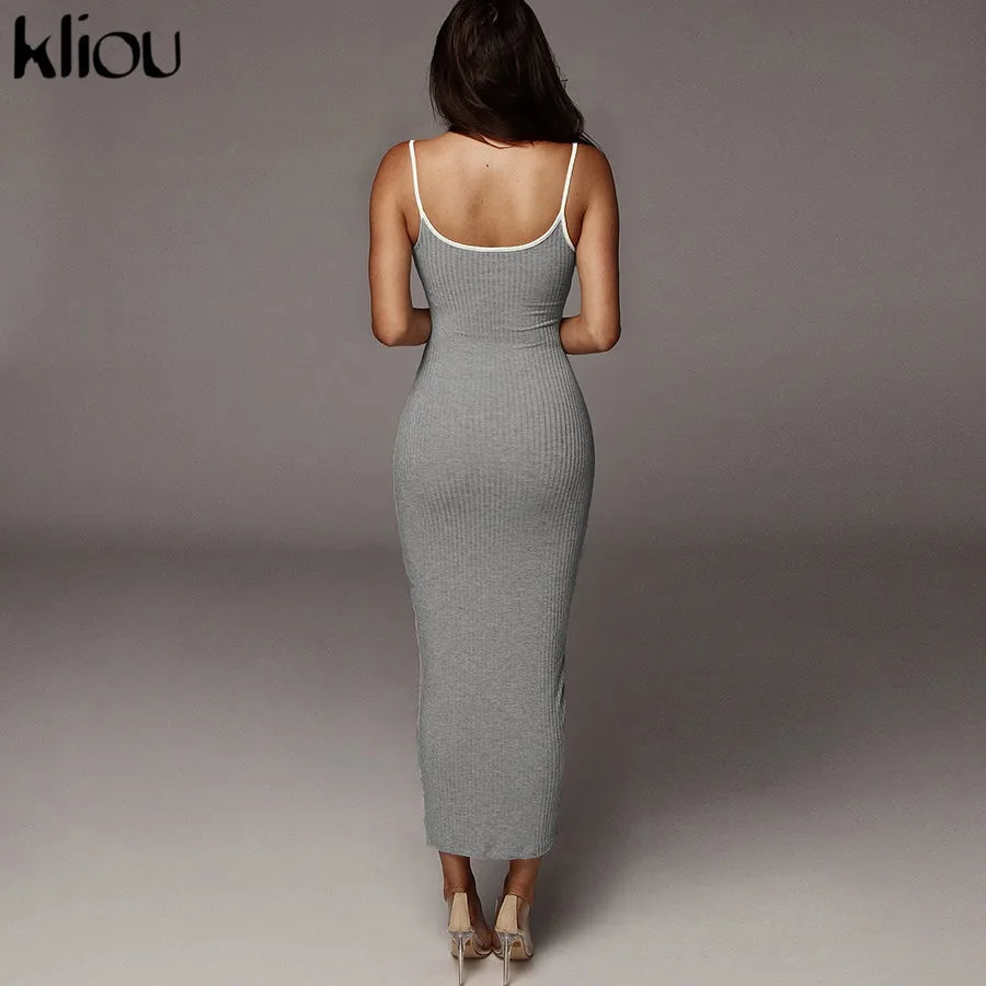 Kliou strap backless sexy bodycon midi long dress new women high waist cotton striped dresses elegant fashion party clothes