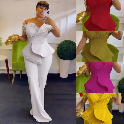 3736# Latest Design Party Jumpsuit Women Off Shoulder High Waist Beaded Feather Decoration Wide Leg Jumpsuit for Ladies