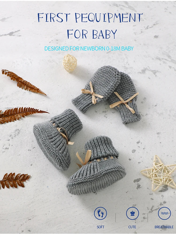 Baby Shoes + Gloves Set Knit Newborn Girls Boys Boots Mitten Fashion Butterfly-knot Toddler Infant Slip-On Bed Shoes Hand Made