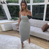 Kliou strap backless sexy bodycon midi long dress new women high waist cotton striped dresses elegant fashion party clothes
