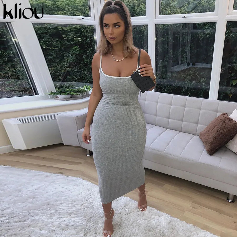 Kliou strap backless sexy bodycon midi long dress new women high waist cotton striped dresses elegant fashion party clothes