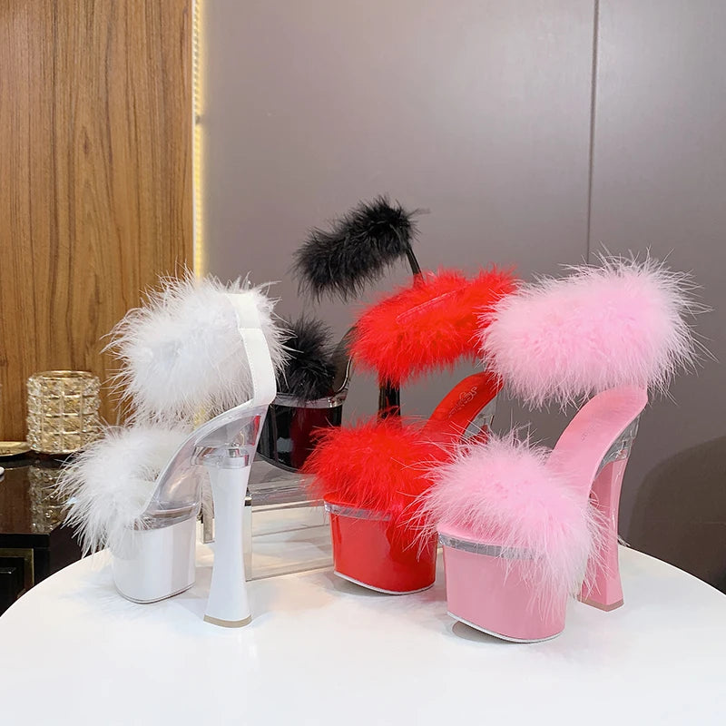 2021 New 4 Color Feather Thick High Heels Platform Sandals Women 14cm 17cm Heels Shoes Female Summer Hair Wedding Pumps Shoes