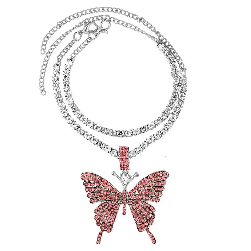 Iced Out Crystal Rhinestones Butterfly Pendants Anklet Chain For Women Multi-layer Big Rhinestones Tennis Chain Ankle Jewelry
