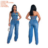 Women's Strapless Halter Loose-Fitting Denim Jumpsuit Spring Casual Solid Knitted Tights for Outings Straight Wide Leg Design
