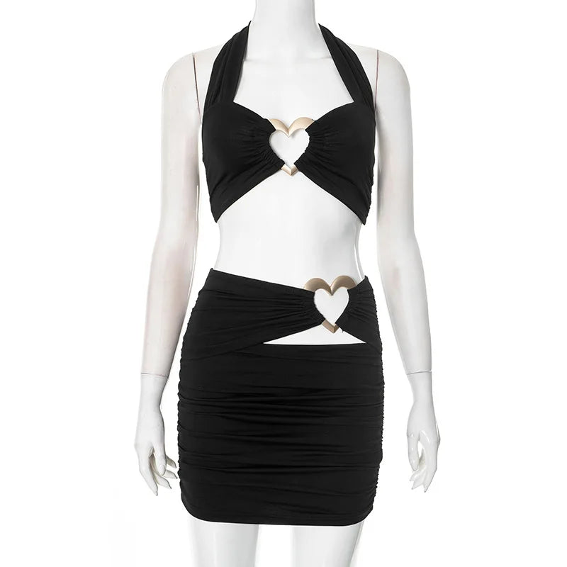 Metal Love Patchwork Hollow 2 Piece Sets Women Sexy Halter Vests and Mini Pleated Skirt Matching 2025 Party Club Outfits
