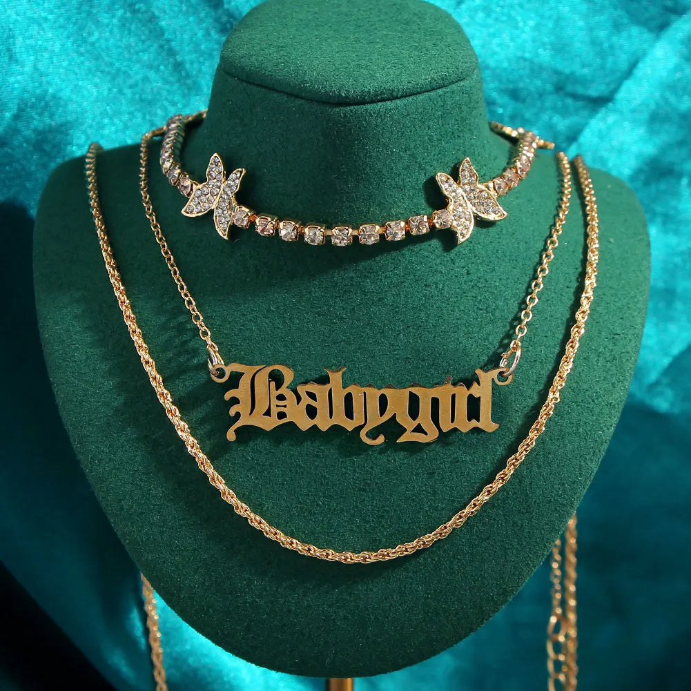 New Multi Layer Butterfly Dragon Charms Crystal Necklaces For Women Punk Golden Angel Letter Clavicle Chain Hiphop Gifts Jewelry