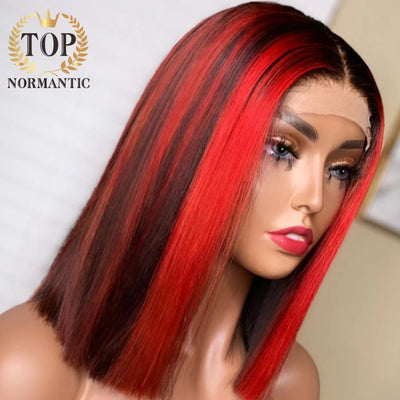 Topnormantic Highlight Red Color Straight Wigs For Women Brazilian Remy Human Hair 4x4 Lace Closure Straight Bob Wig Preplucked