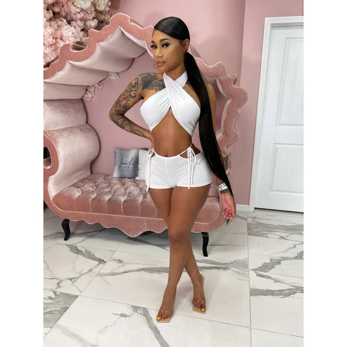 Two Piece Sets for Women Ruched Bandage Criss Cross Solid Women 2024 Spring Backless Club Crop Top and Shorts Matching Set