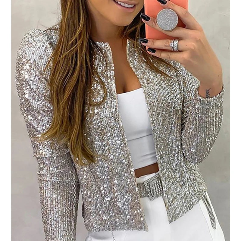 2024 Fashion Sequin Jackets Women Glitter Long Sleeve Short Coats Elegant Spring Outwear Office Ladies Solid  Streetwear Jacket