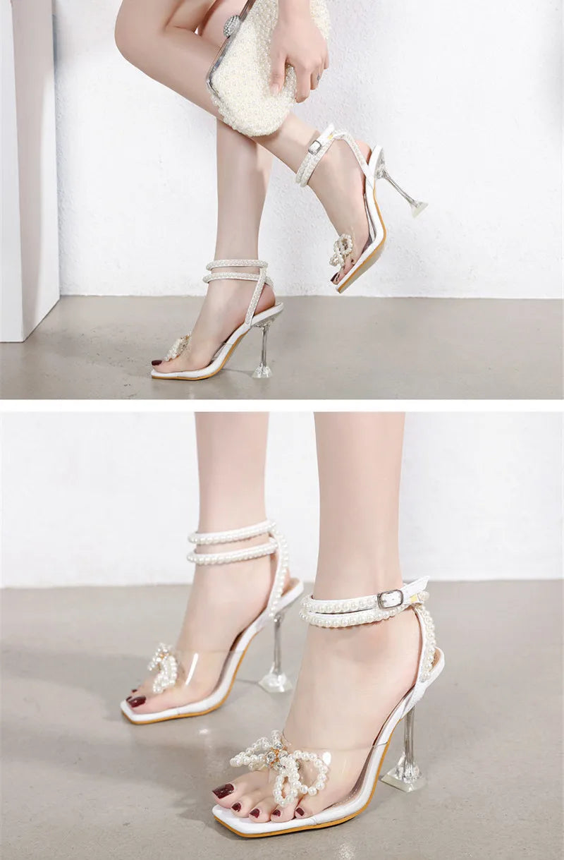 Eilyken New Women Sandals 2025 Summer Sexy Perspex Crystal High Heels Party Wedding Shoes Square Toe Pearls String Bowknot Pumps