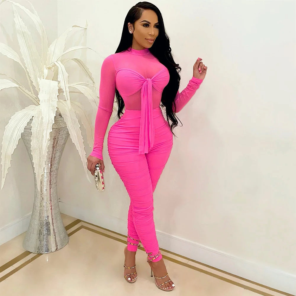 Sexy Mesh Sheer Bodycon Jumpsuit Women Long Sleeve Bow Tie Skinny Ruched Club Party Romper Elegant Overalls Combinaison Femme
