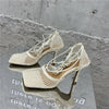 Eilyken Sexy Mesh Pumps Sandals Female Square Toe High Heel Lace Up Cross-Tied Stiletto Hollow Dress Shoes Zapatos Mujer