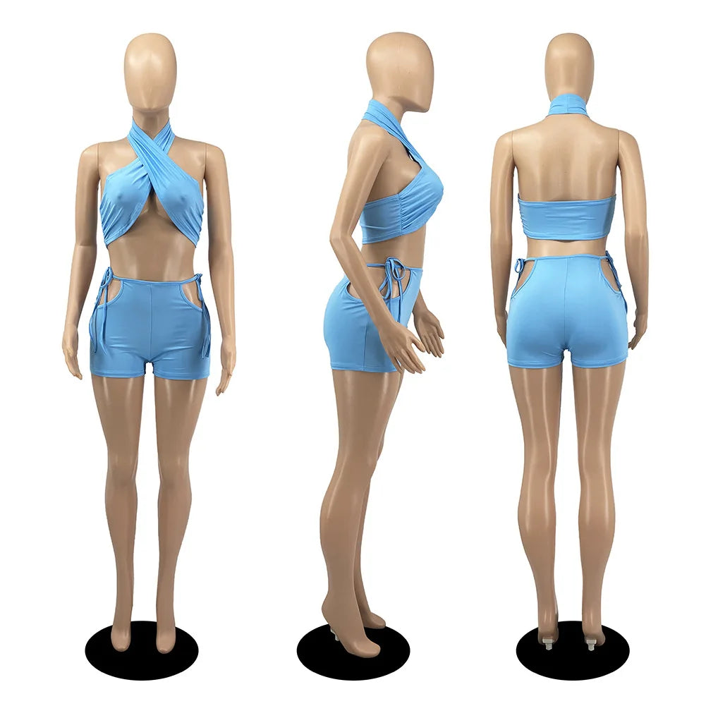Two Piece Sets for Women Ruched Bandage Criss Cross Solid Women 2024 Spring Backless Club Crop Top and Shorts Matching Set