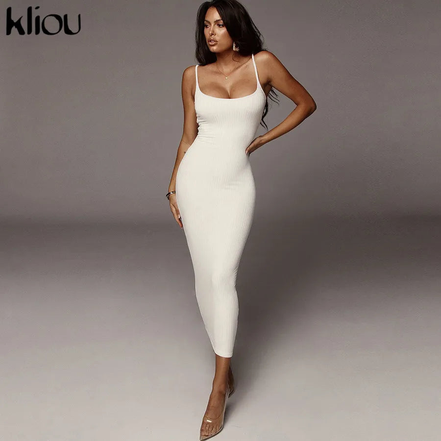 Kliou strap backless sexy bodycon midi long dress new women high waist cotton striped dresses elegant fashion party clothes