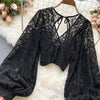 Autumn Black/White/Brown Sexy Lace Blouse Women Elegant V-Neck Puff Long Sleeve Open Back Short Tops Female Party Blusas 2021