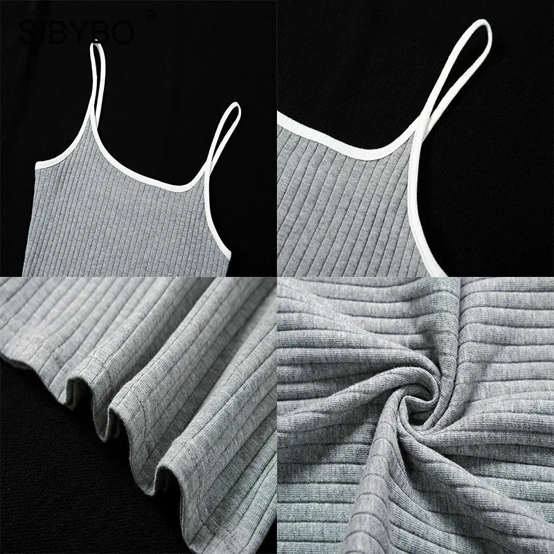 SIBYBO Ribbed Spaghetti Strap Cotton Dress Women Sleeveless O-Neck Summer Dress Solid Backless Long Party Dress