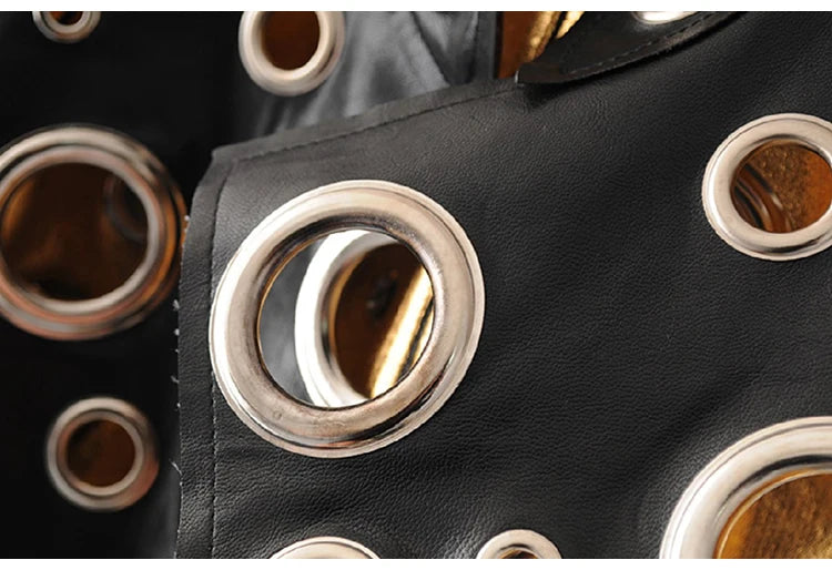 Lautaro Runway Cut Out Short Faux Leather Jacket Golden Rivet Cool Stylish Designer Clothes Women European American Fashion 2022