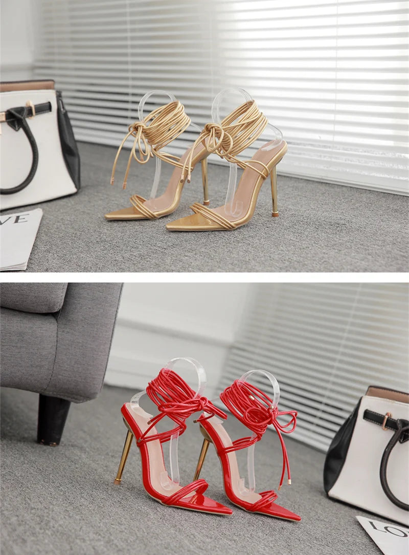 Summer 12CM Gladiator Heels Sandals For Women Fashion Pointed Open Toe Lace-Up Stiletto Ladies Strappy Wedding Shoes Black Red