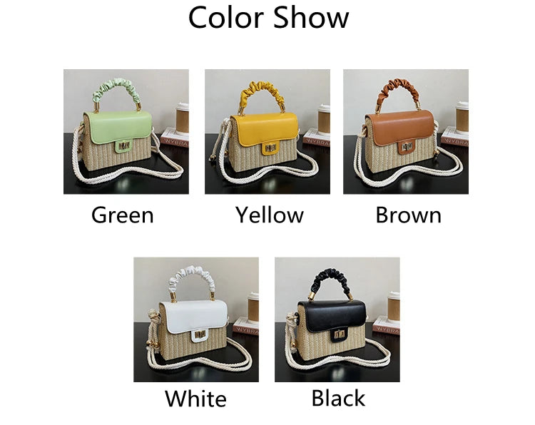 Straw Beach Bag for Women 2021 Summer Pleated Handle Luxury Designer Bag Contrast Color Crossbody Purse and Handbag Lady Bolsos