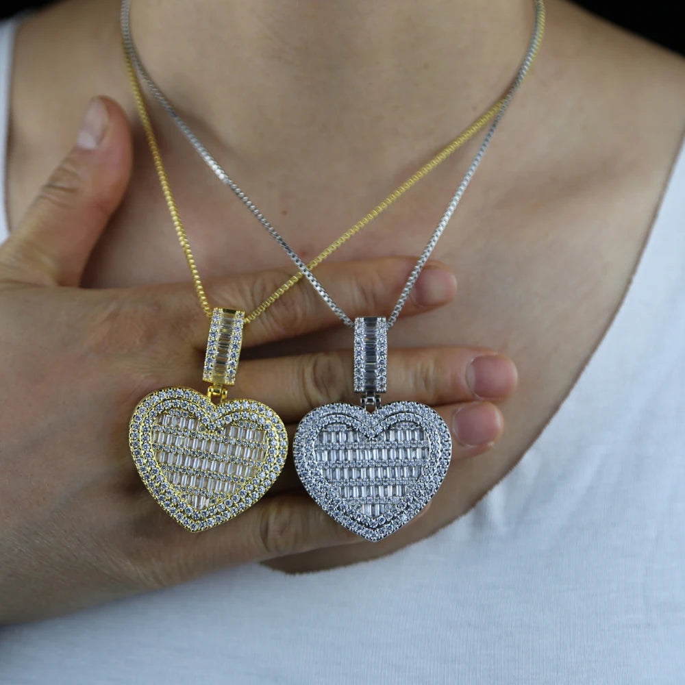 In Stock Iced Out Bling Women Jewelry 5A White Cubic Zirconia Heart Shaped Pendant Necklace With Tennis Box Chain