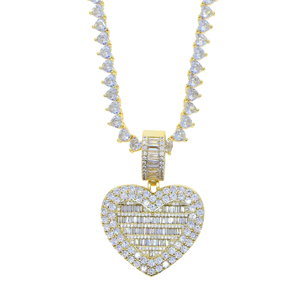 Iced Out Bling Can Be Opened Heart-shaped Photo Pendant Necklace Hearts Tennis Chain Cubic Zirconia Fashion Women Men Jewelry