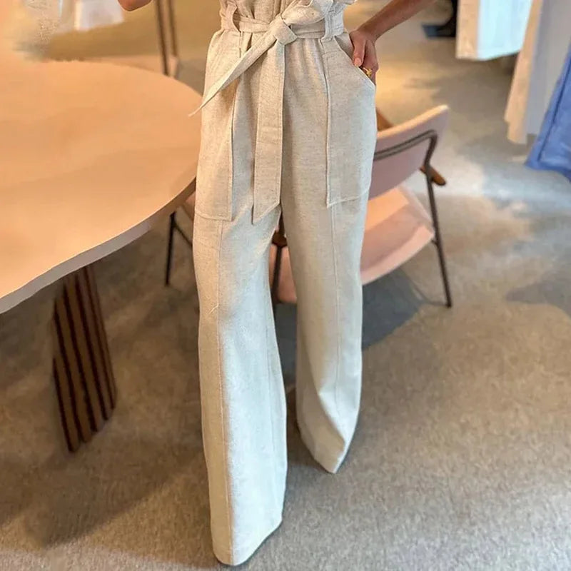 Boutique Wholesale 2026 Summer New Fashion Polo Neck Tie Waist Solid Color Wide Leg Women's Jumpsuit