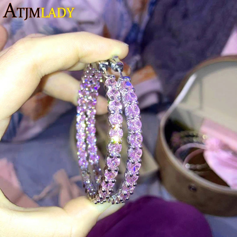 Iced Out Big Hoops Bling 5A Round Cubic Zirconia 55mm Huggie Earring For Women White Pink Colorful CZ Pinky Hoops Jewelry