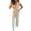 Boutique Wholesale 2026 Summer New Fashion Polo Neck Tie Waist Solid Color Wide Leg Women's Jumpsuit