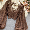 Autumn Black/White/Brown Sexy Lace Blouse Women Elegant V-Neck Puff Long Sleeve Open Back Short Tops Female Party Blusas 2021
