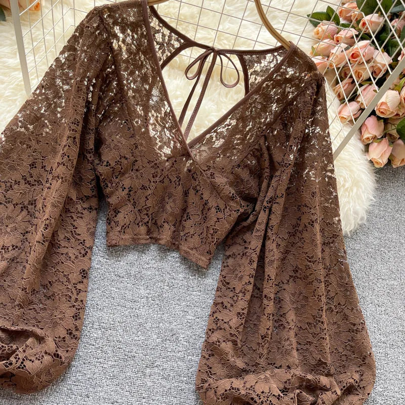Autumn Black/White/Brown Sexy Lace Blouse Women Elegant V-Neck Puff Long Sleeve Open Back Short Tops Female Party Blusas 2021