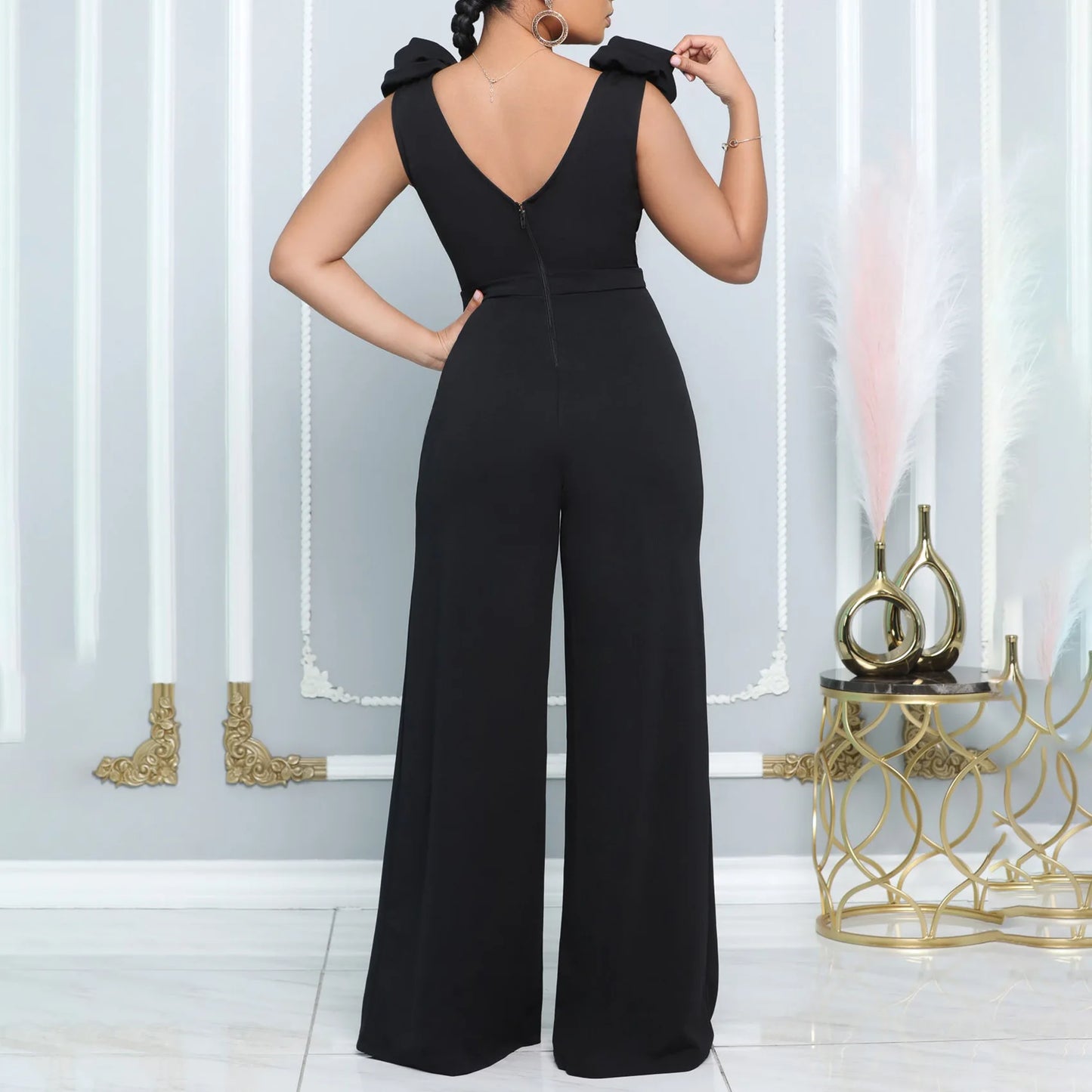Boutique Wholesale 2025 Summer New Fashionable V-neck Sexy Wide Leg Sleeveless Women's Jumpsuit
