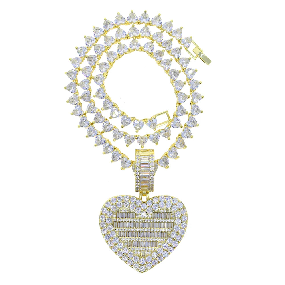 Iced Out Bling Can Be Opened Heart-shaped Photo Pendant Necklace Hearts Tennis Chain Cubic Zirconia Fashion Women Men Jewelry