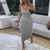 SIBYBO Ribbed Spaghetti Strap Cotton Dress Women Sleeveless O-Neck Summer Dress Solid Backless Long Party Dress