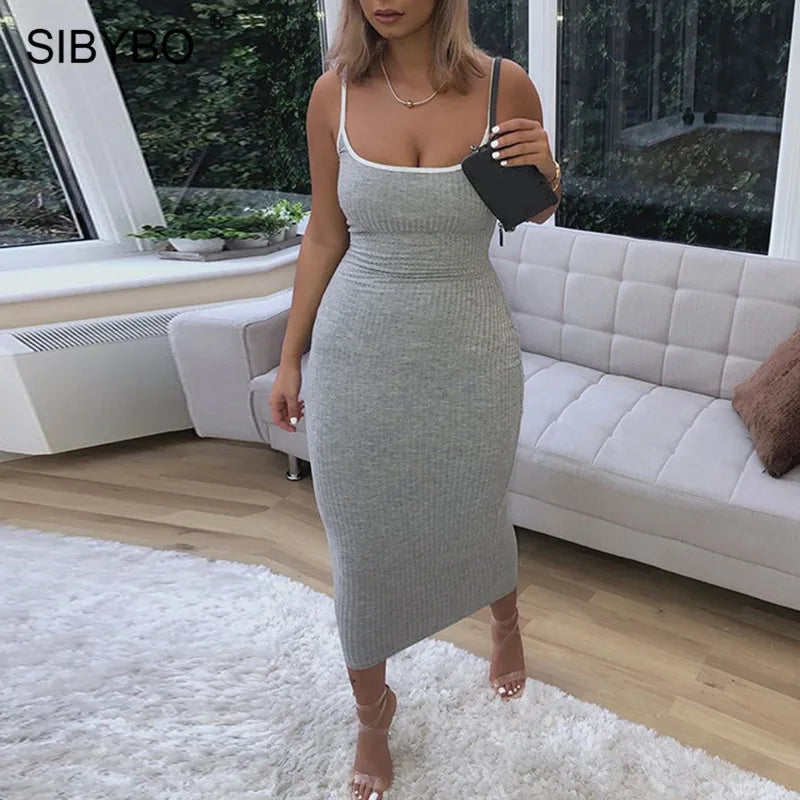 SIBYBO Ribbed Spaghetti Strap Cotton Dress Women Sleeveless O-Neck Summer Dress Solid Backless Long Party Dress