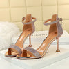 Women Summer Sandals 8.5cm High Heels Rhinestone Crystal Middle Heels Ankle Strappy Sandles Lady Wedding Event Party Gold Shoes