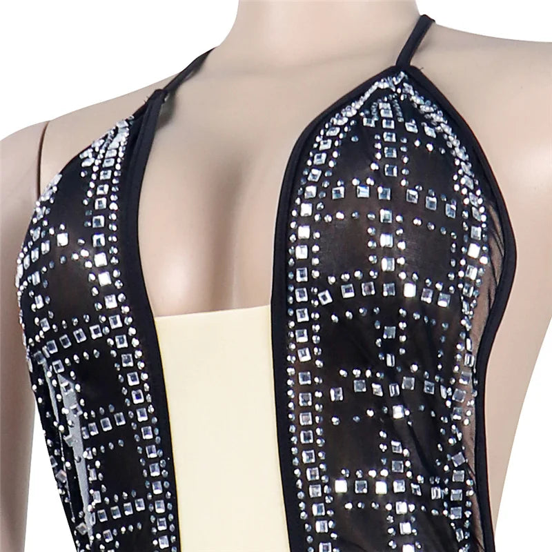 Sparkly Rhinestone Halter Backless Bodycon Dress Women Elegant Night Club Christmas Birthday Dress Sexy Mesh Sheer Mini Dress