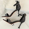 Women Summer Sandals 8.5cm High Heels Rhinestone Crystal Middle Heels Ankle Strappy Sandles Lady Wedding Event Party Gold Shoes