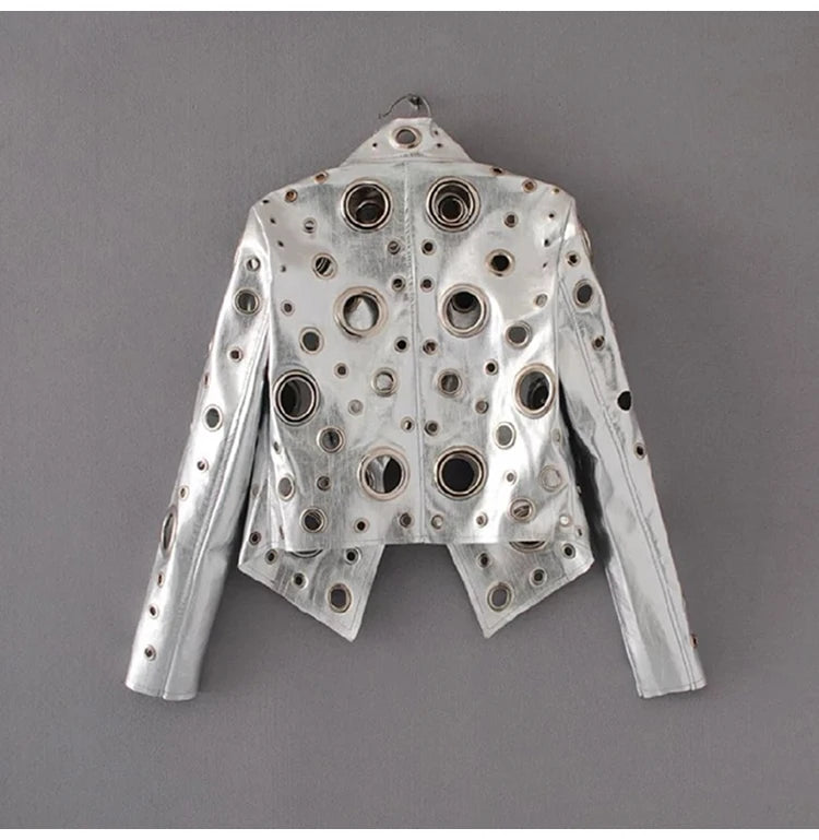 Lautaro Runway Cut Out Short Faux Leather Jacket Golden Rivet Cool Stylish Designer Clothes Women European American Fashion 2022