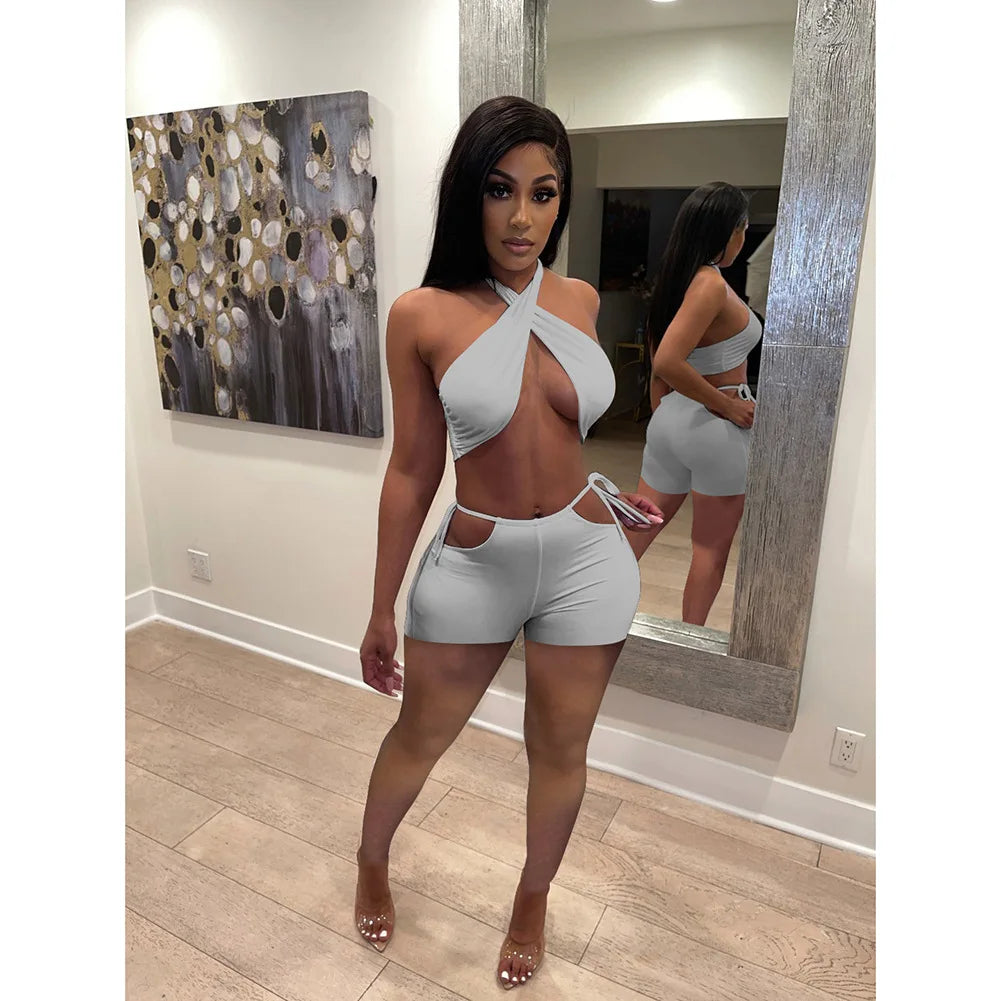 Two Piece Sets for Women Ruched Bandage Criss Cross Solid Women 2024 Spring Backless Club Crop Top and Shorts Matching Set