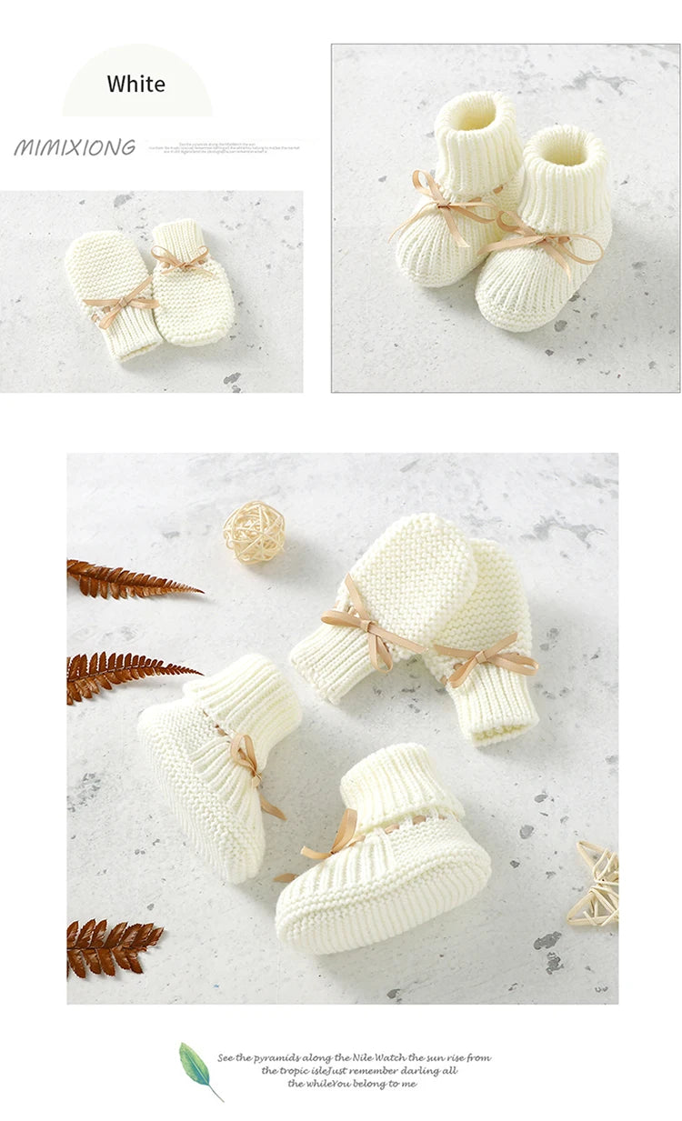 Baby Shoes + Gloves Set Knit Newborn Girls Boys Boots Mitten Fashion Butterfly-knot Toddler Infant Slip-On Bed Shoes Hand Made