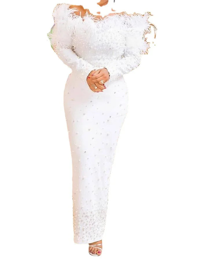 Customized Customized 2025 Hot Sale Women White Short Sleeve Bodycon Dress Club Party Beading Dress Elegant Lady Fashion Dress