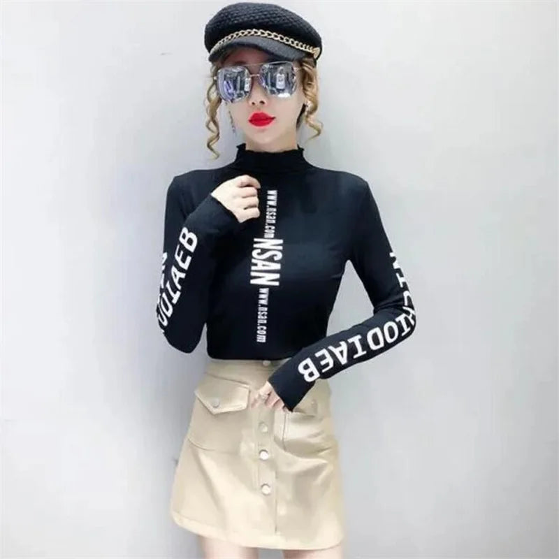 Mid-high-neck Bottoming T-shirt Elastic Inner Ride Femme Tee Tops autumn winter warm letter printing Streetwear Women's T-shirts