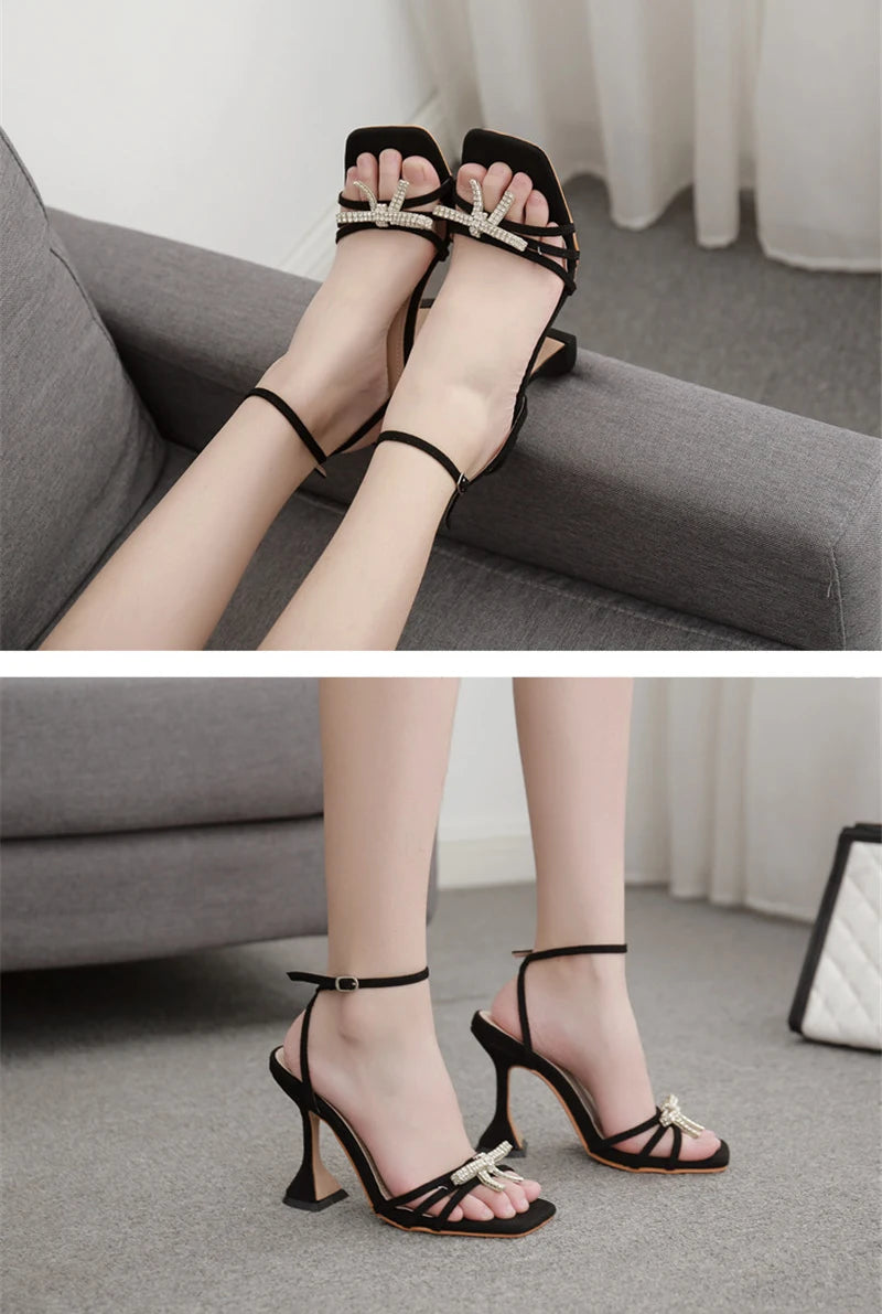 Eilyken New Women Sandals 2025 Summer Sexy Perspex Crystal High Heels Party Wedding Shoes Square Toe Pearls String Bowknot Pumps