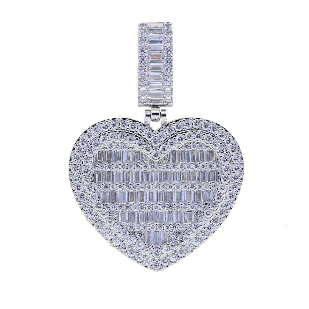 In Stock Iced Out Bling Women Jewelry 5A White Cubic Zirconia Heart Shaped Pendant Necklace With Tennis Box Chain