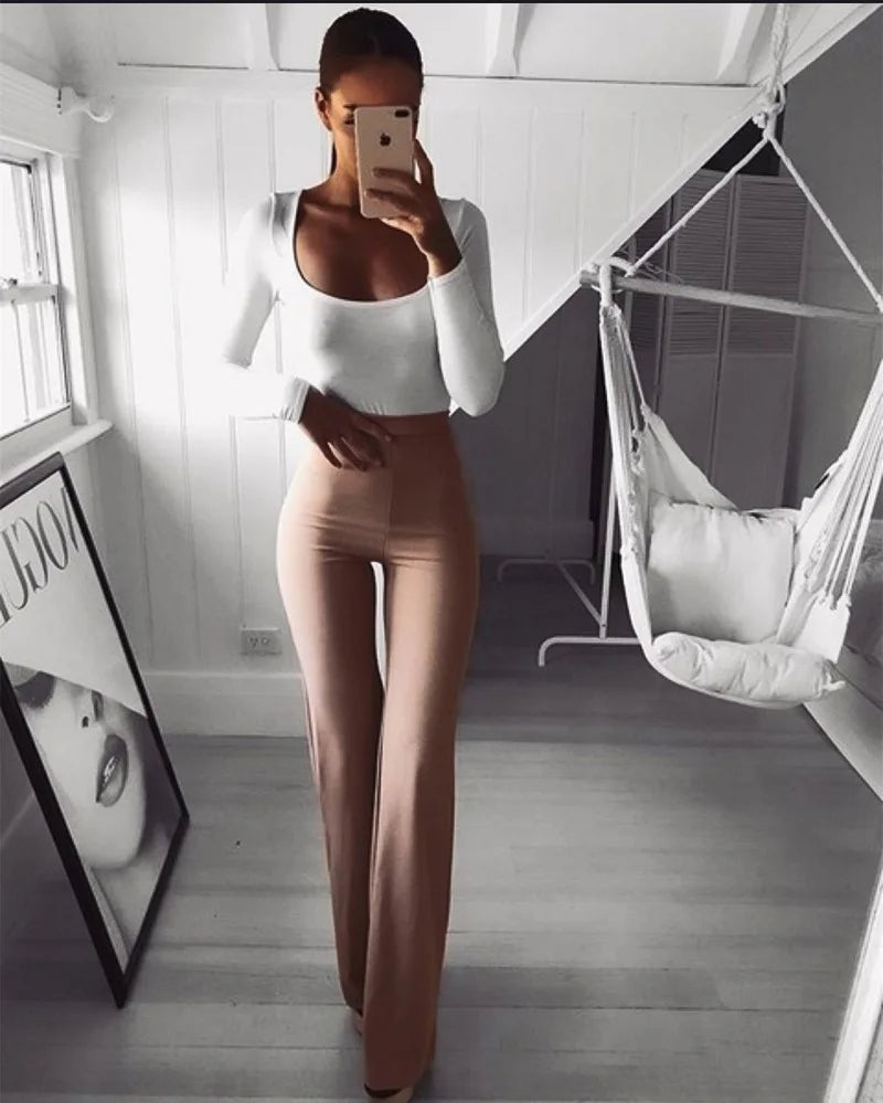 Womens Solid Color High Waist Flare Pants Ladies Trousers Bell Bottom Long Pants Black/White/Blue/Khaki/Burgundy