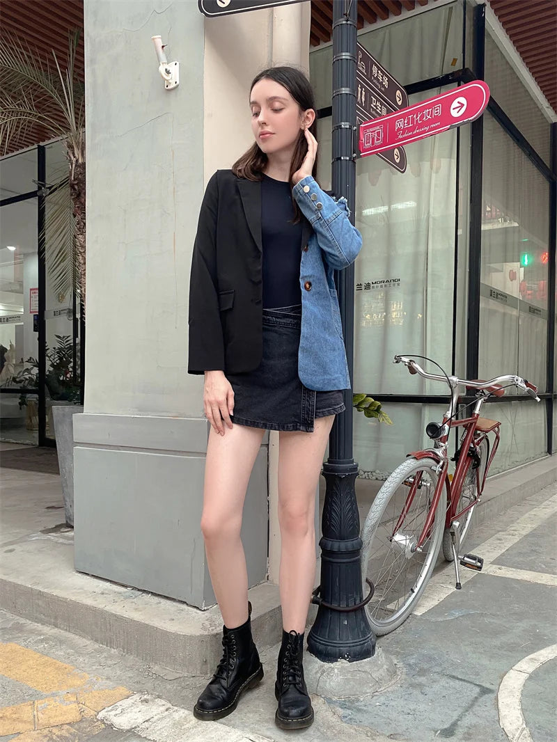 Women Vintage Fashion Blazer Denim Patchwork Jackets 2022 Autumn Winter Irregular Coat Women Long Sleeve Loose Korean Outerwear
