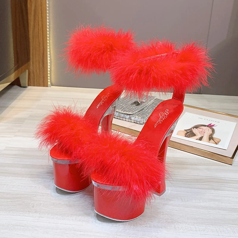 2021 New 4 Color Feather Thick High Heels Platform Sandals Women 14cm 17cm Heels Shoes Female Summer Hair Wedding Pumps Shoes