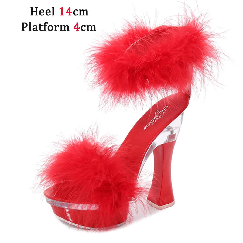 2021 New 4 Color Feather Thick High Heels Platform Sandals Women 14cm 17cm Heels Shoes Female Summer Hair Wedding Pumps Shoes